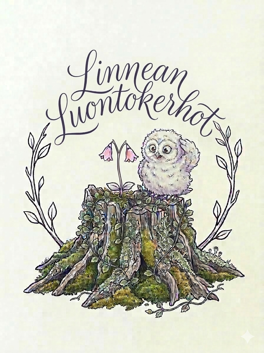 Linnean luontokerhot -logo, jossa pöllönpoikanen ihmettelee vaaleanpunaista vanamon kukkaa sammaleisen ja jäkälien peittämän lahon kannon päällä.